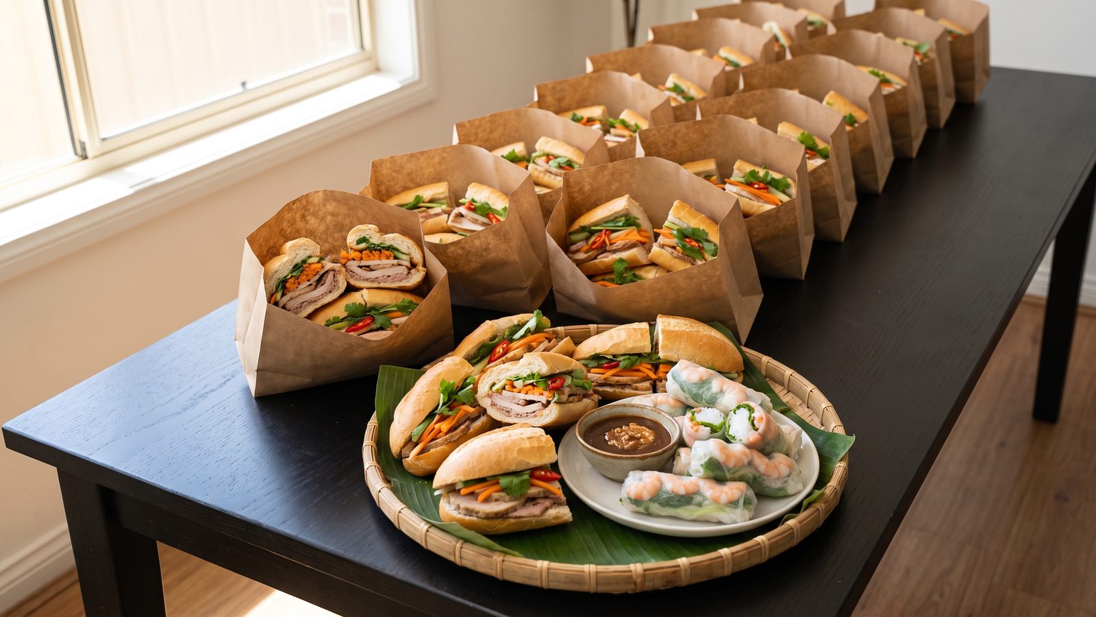 Catering order of bánh mì in brown paper bags with a tray of rolls and rice paper rolls