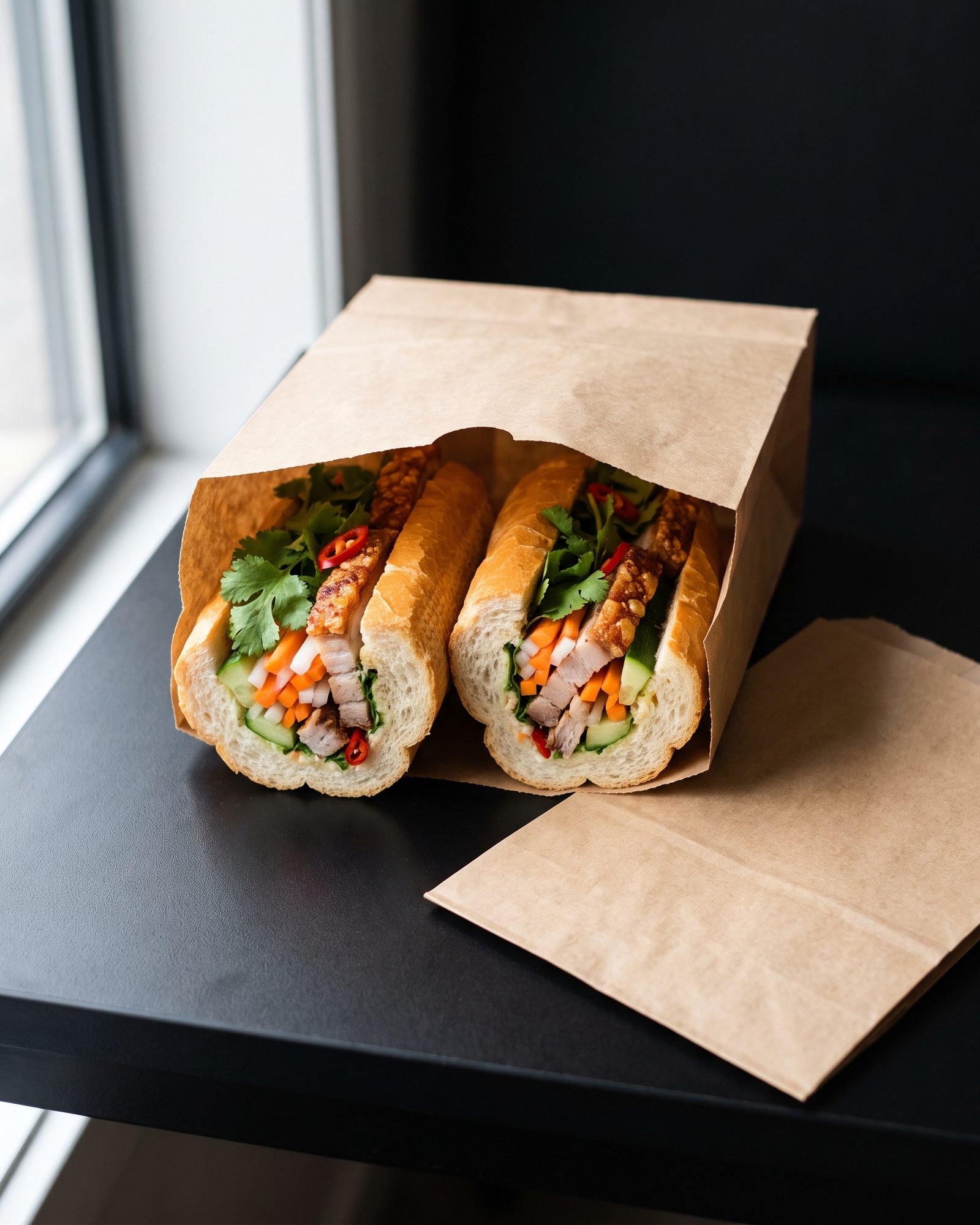 Crispy pork bánh mì cut in half in a brown paper takeaway bag