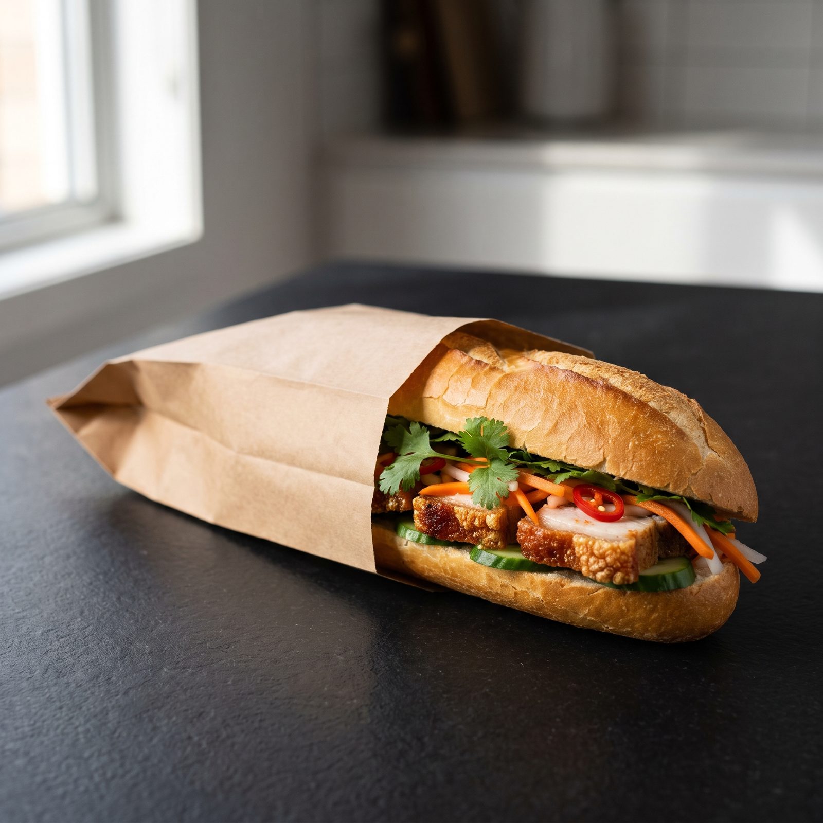 Crispy pork bánh mì in a brown paper takeaway bag