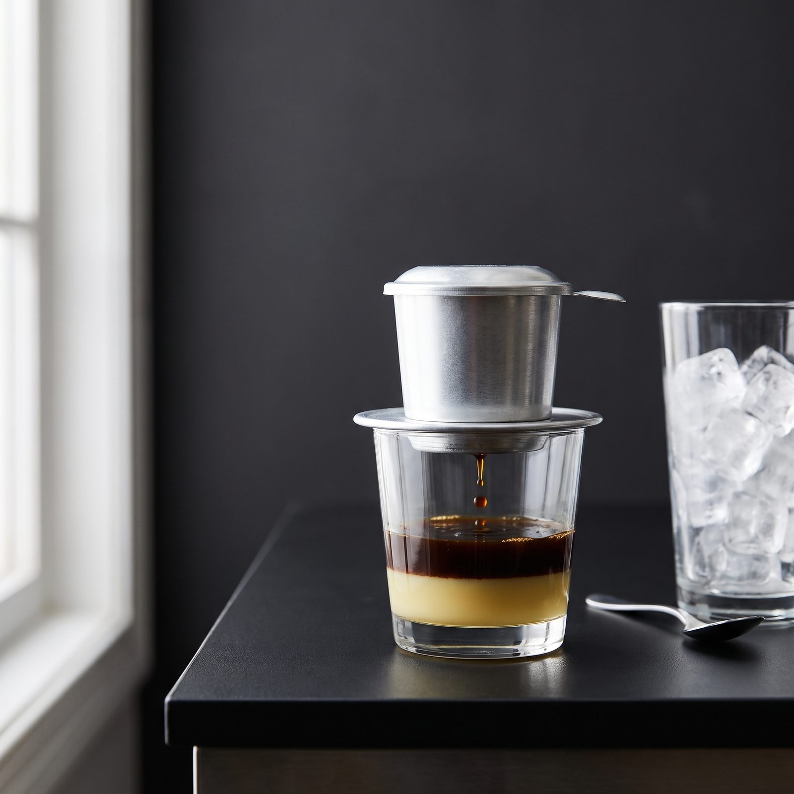 Vietnamese iced coffee dripping through a phin filter, ice in a second glass