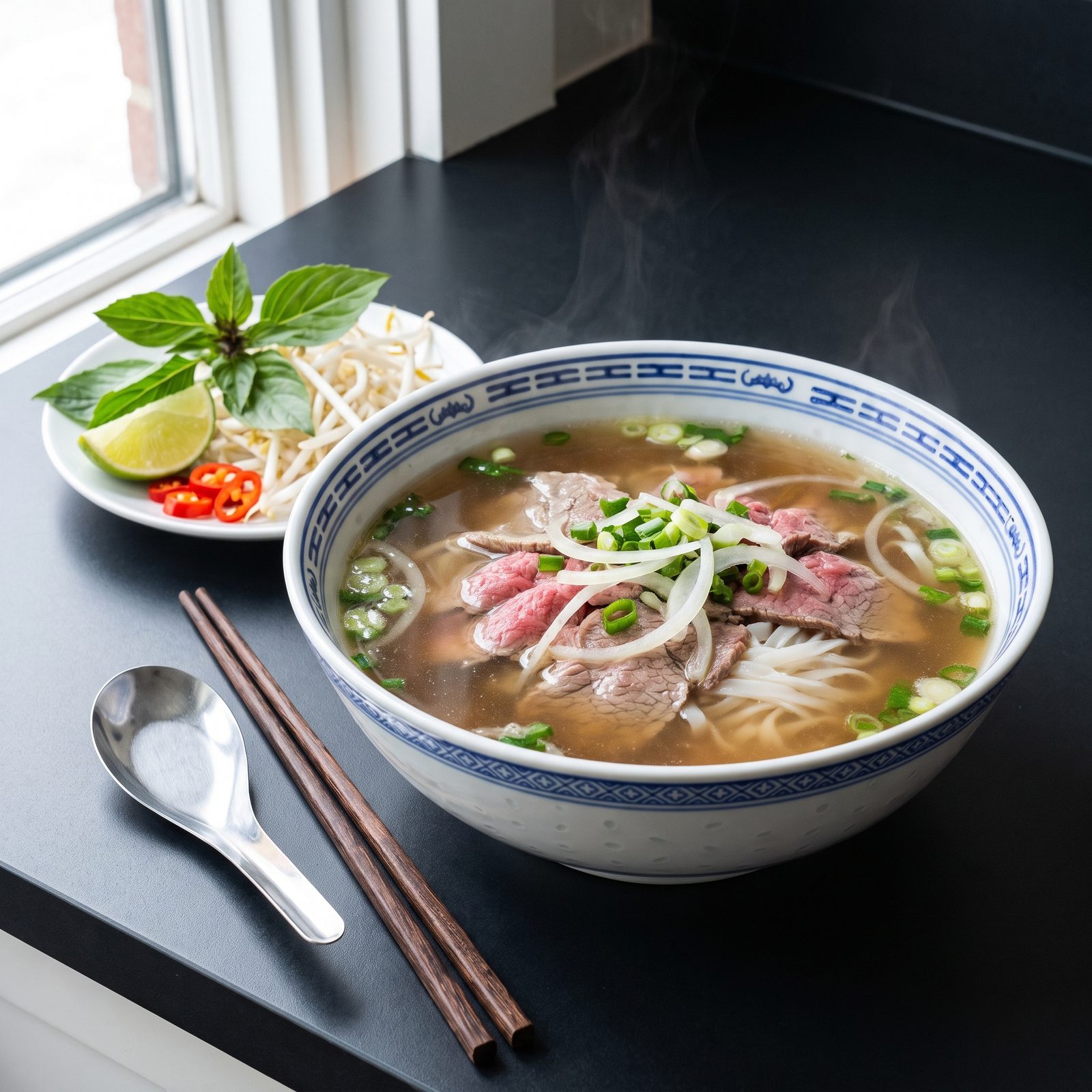 Bowl of beef phở with fresh herbs, bean sprouts, lime and chilli on the side