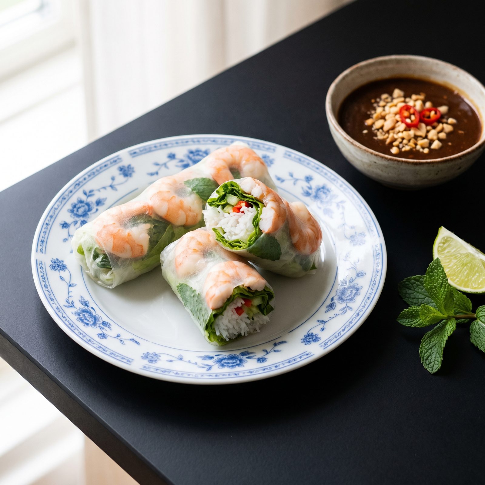 Prawn rice paper rolls on a blue rim plate with peanut hoisin sauce