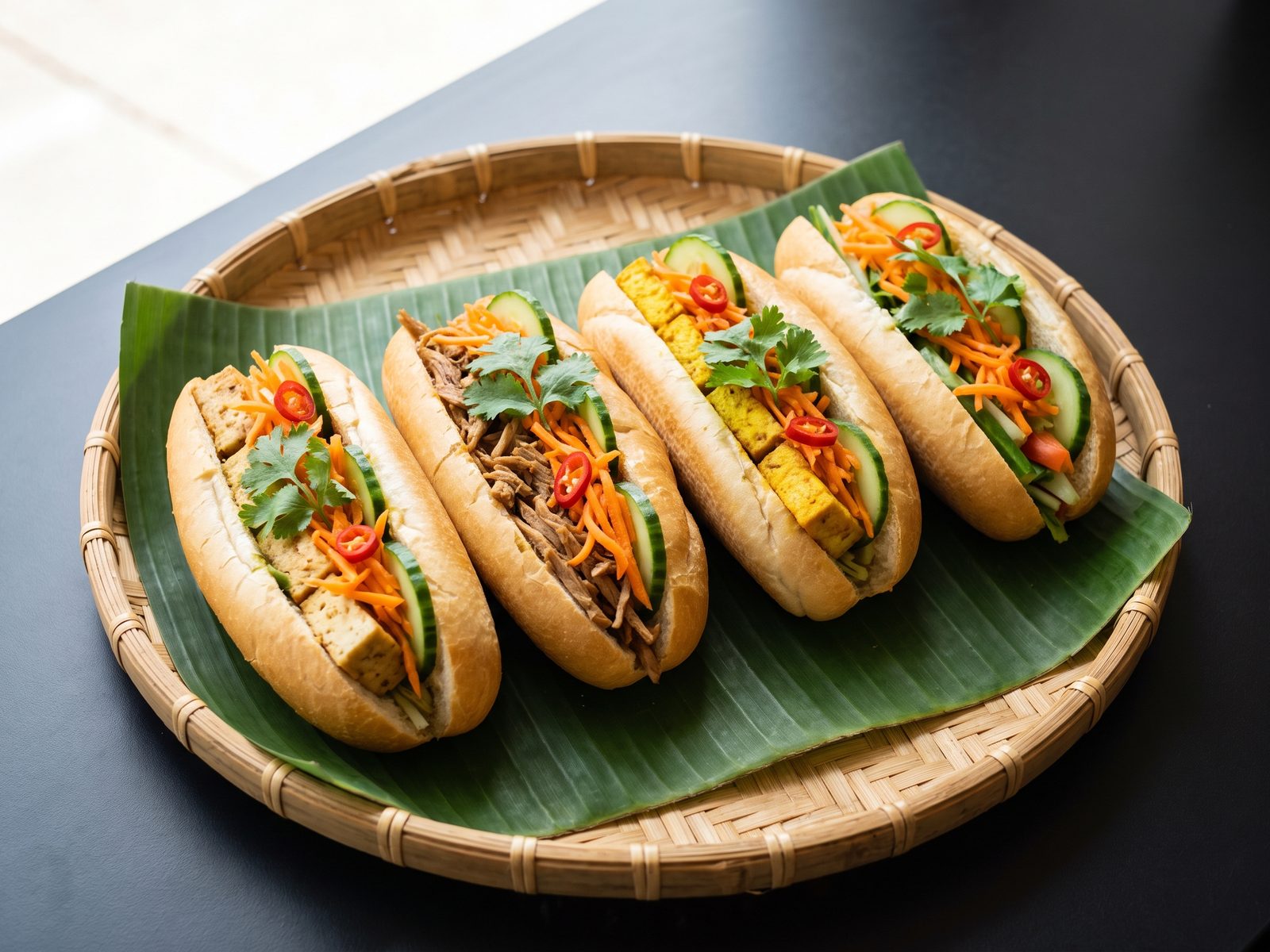 Four vegan bánh mì on a banana leaf lined bamboo tray